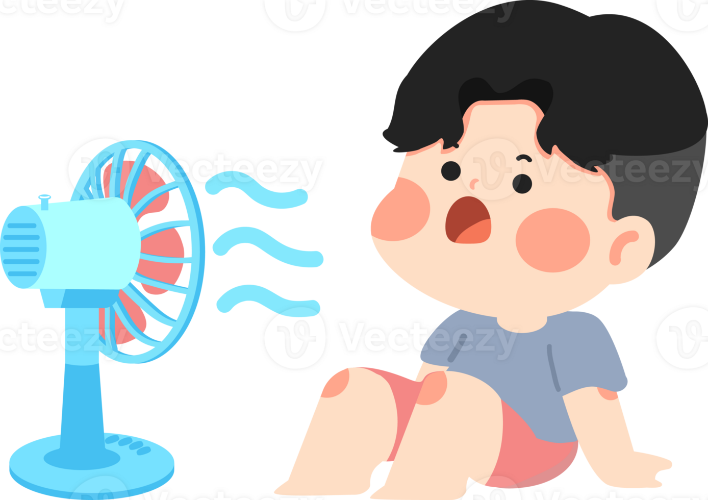 A boy sitting next to a fan with his mouth open png