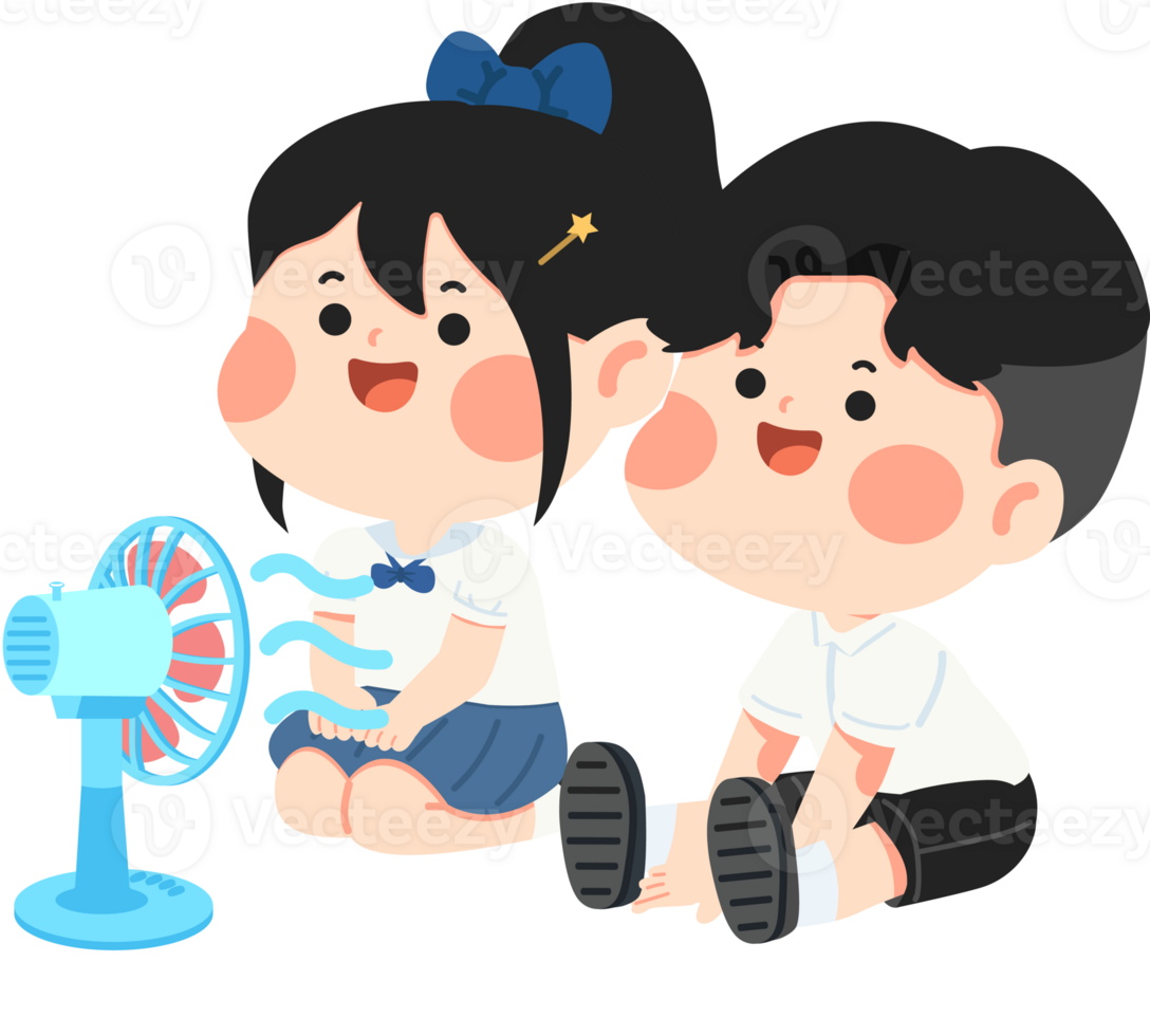 Two children sitting next to a fan png