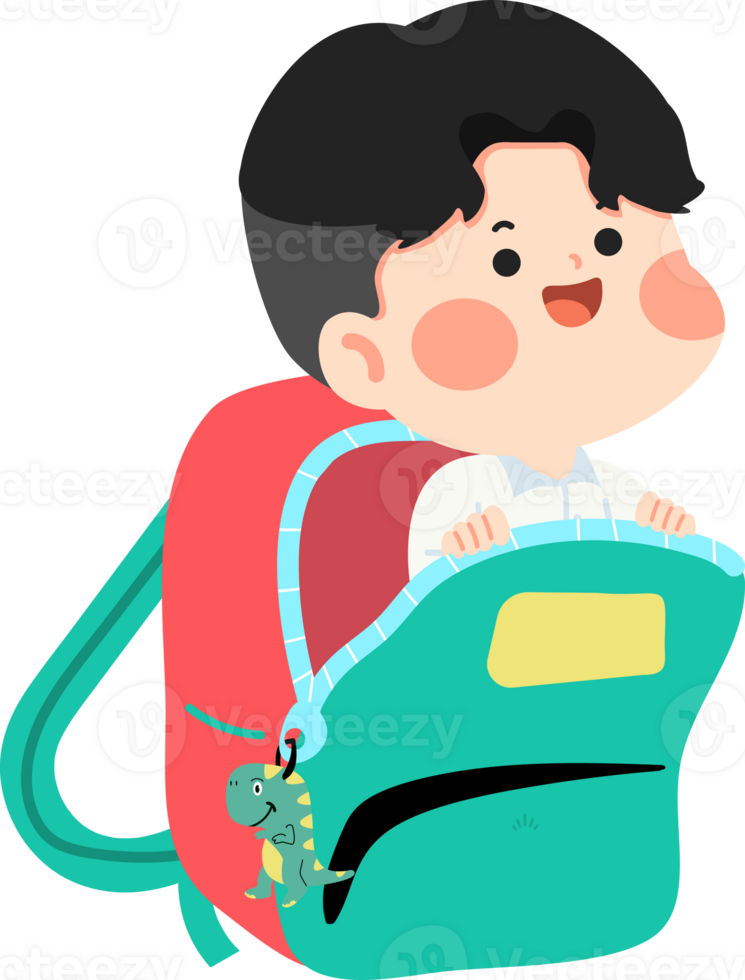 A boy is sitting in a backpack with a dragon png