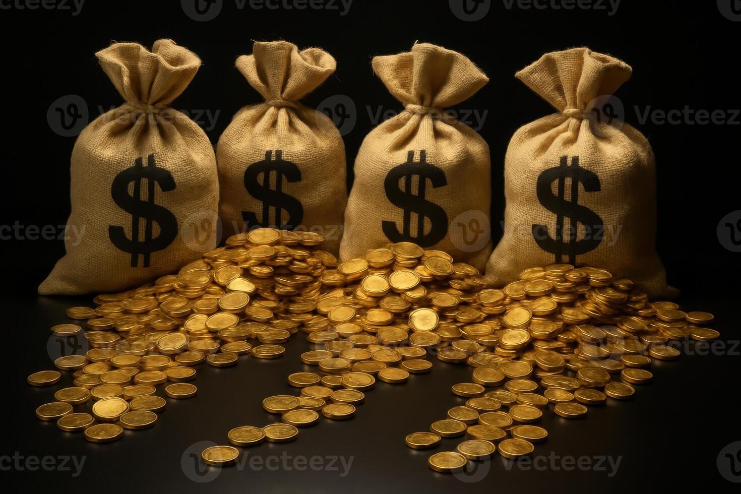 Four burlap money bags with dollar signs overflowing with shiny gold coins on a black surface photo