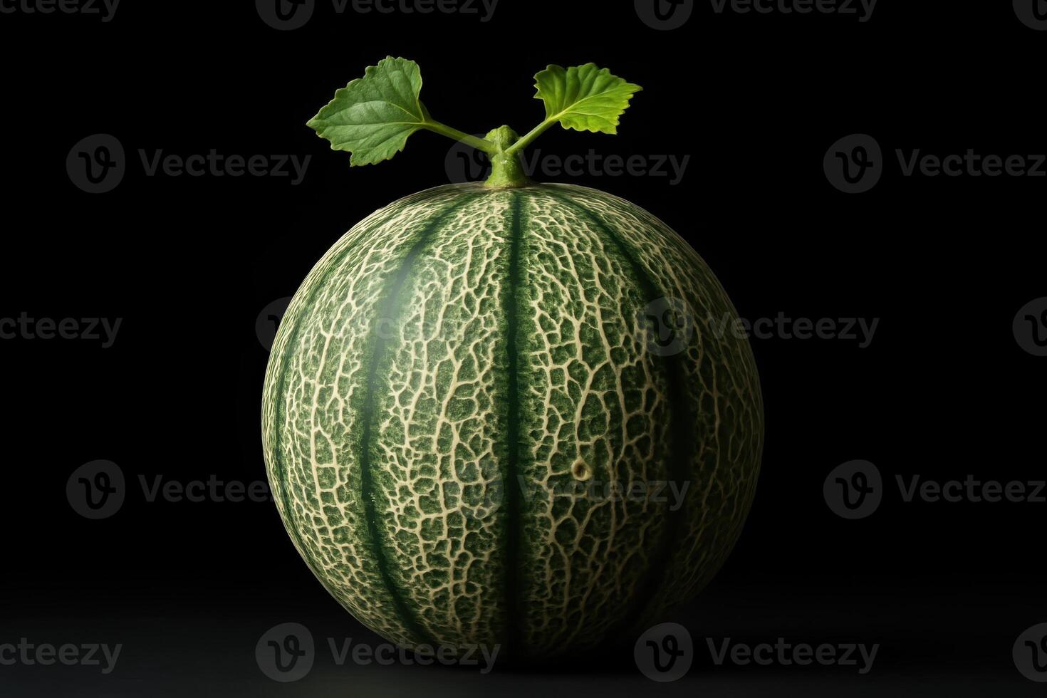 Fresh whole cantaloupe melon with green leaves on a dark studio background photo
