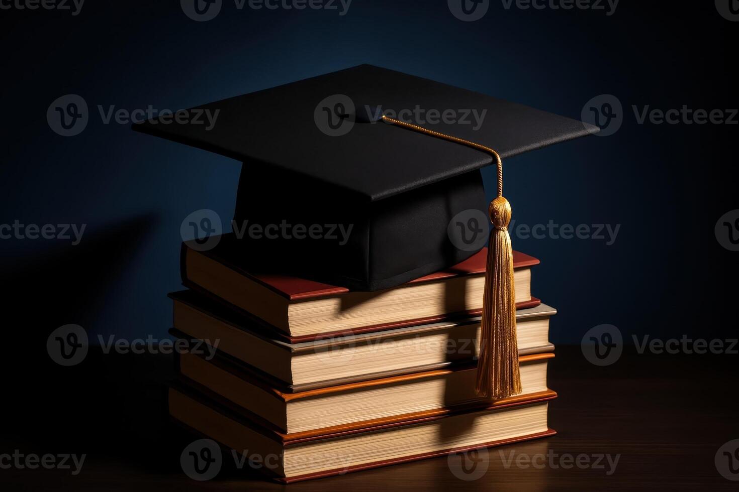 Black graduation cap with gold tassel on stack of books for education photo