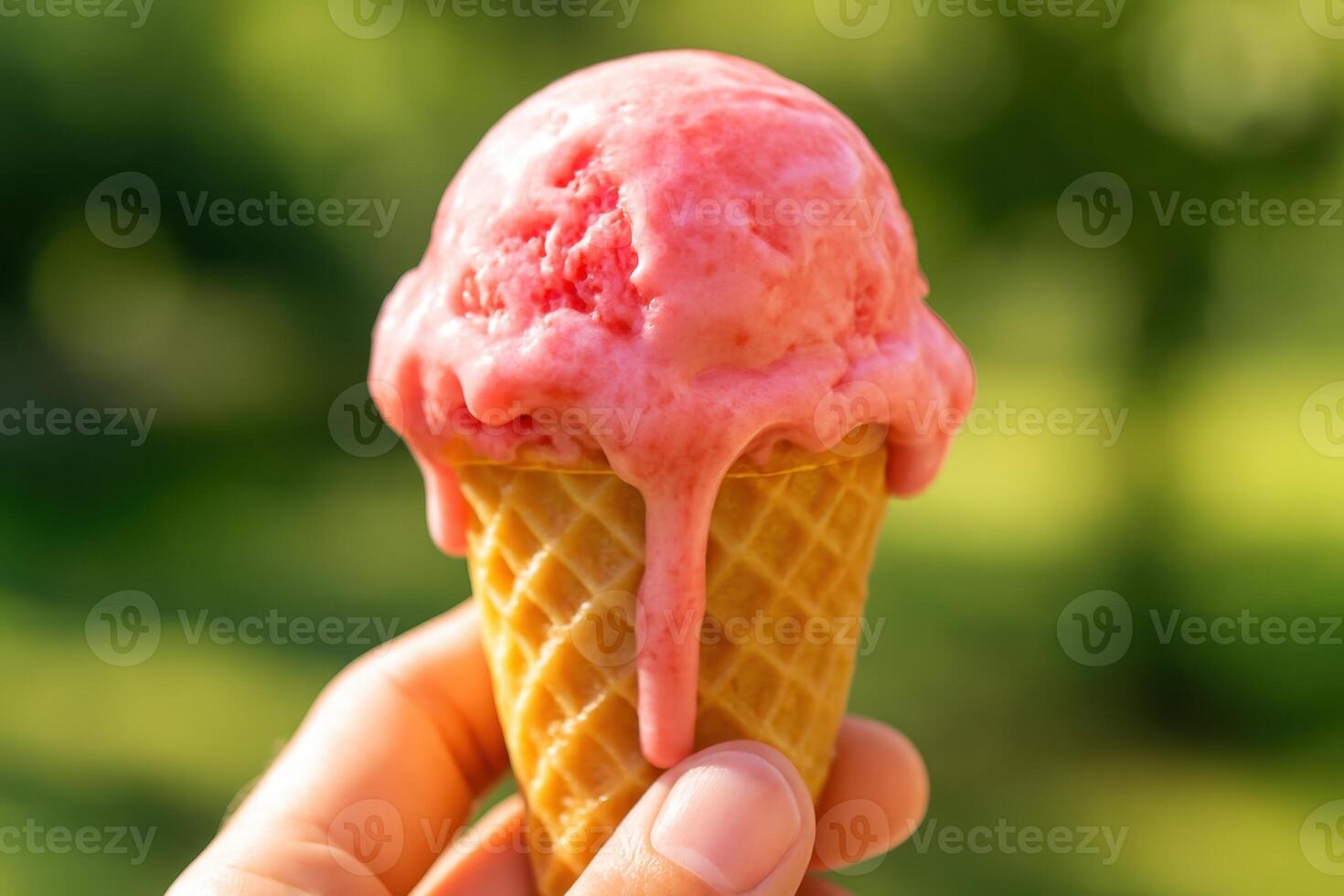 Melting strawberry ice cream scoop in a waffle cone held by a hand on a hot summer day photo