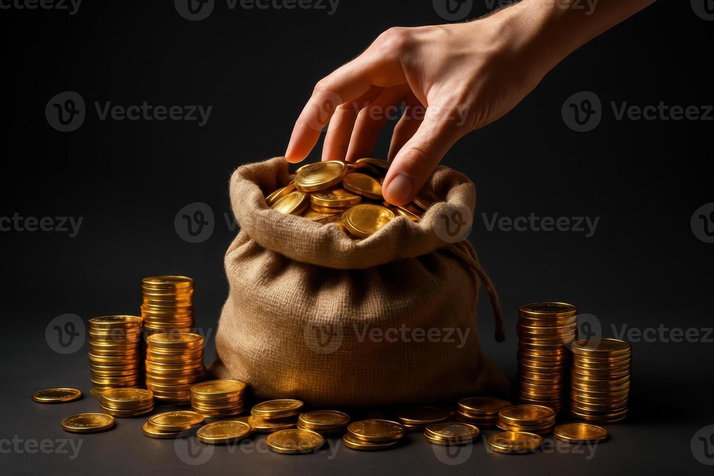 A hand reaching into an overflowing burlap money bag surrounded by shiny gold coins photo