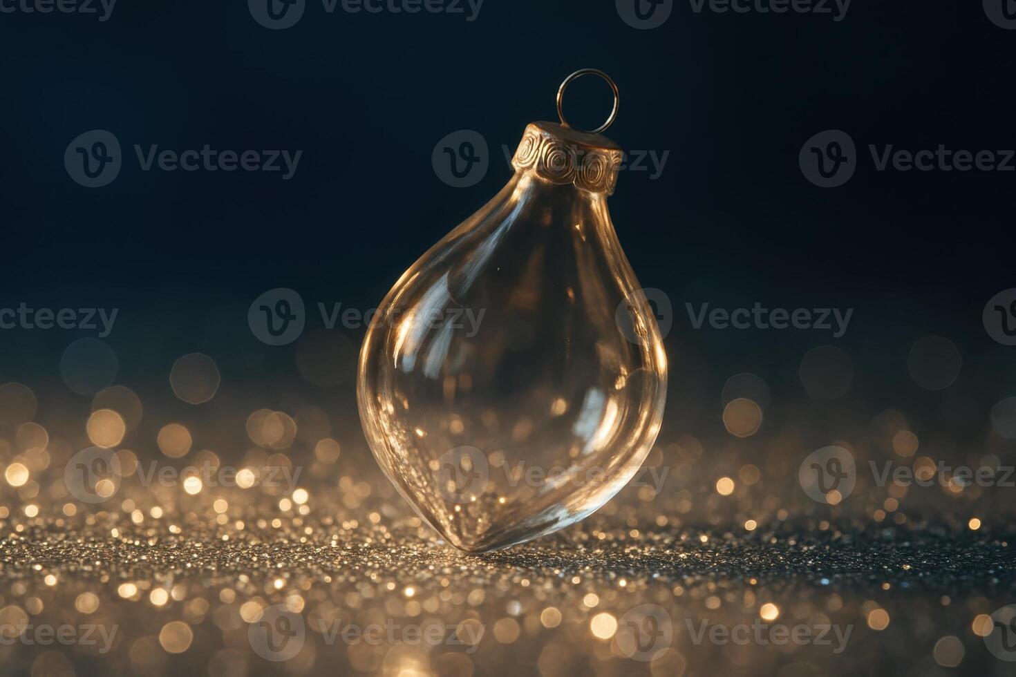 Elegant clear glass holiday ornament on sparkling golden glitter with festive bokeh photo