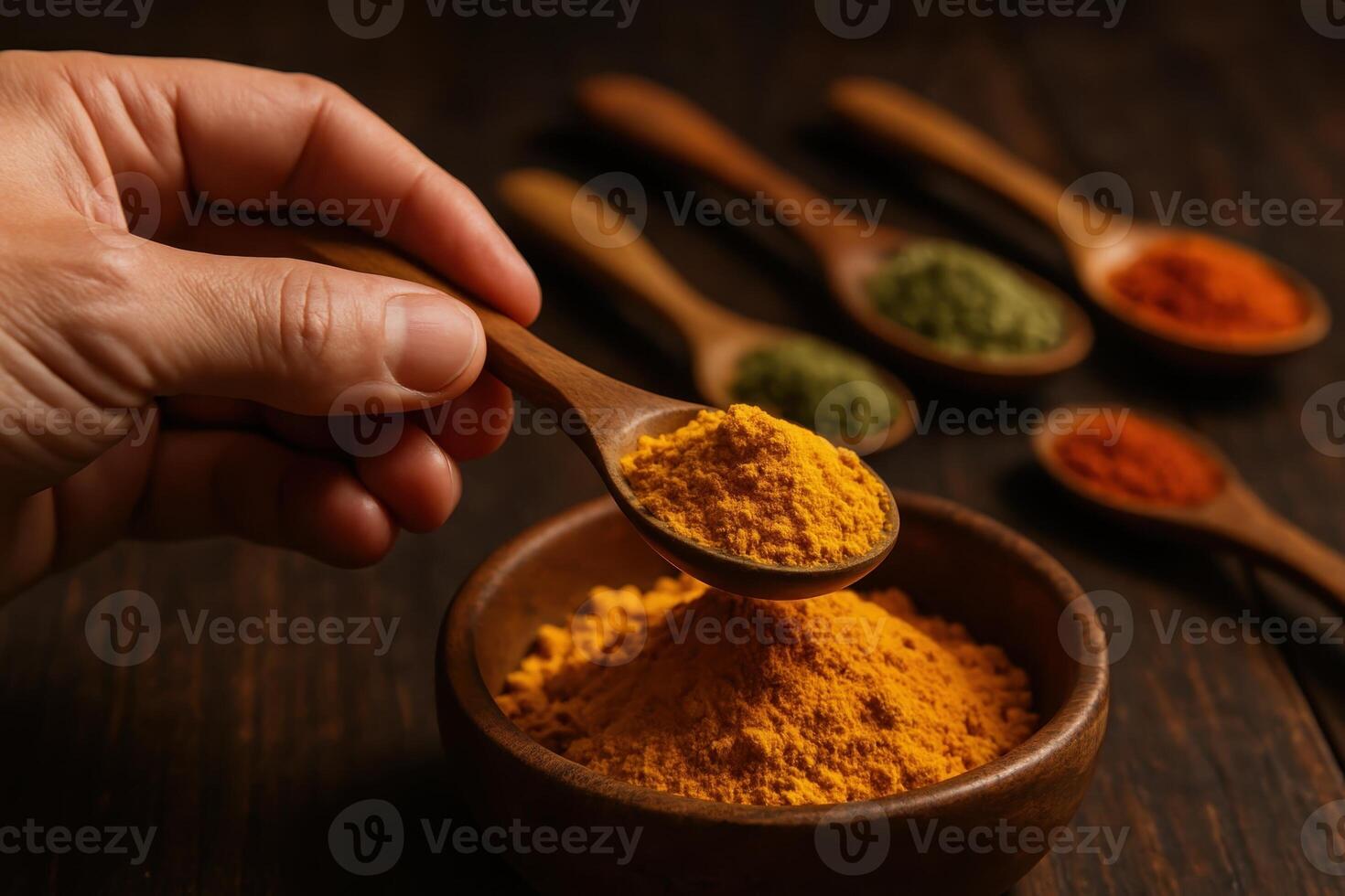 A hand holding a wooden spoon filled with vibrant yellow turmeric powder over a rustic bowl. photo