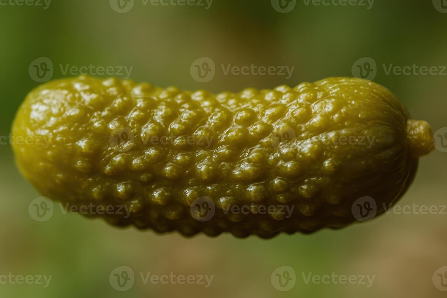 Close up macro photo of a single small dill pickle gherkin with bumpy wrinkled texture