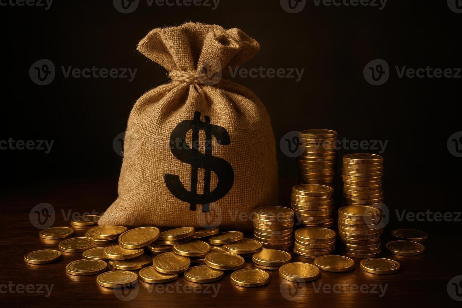 Large burlap money bag with dollar sign surrounded by shiny gold coins and stacks photo