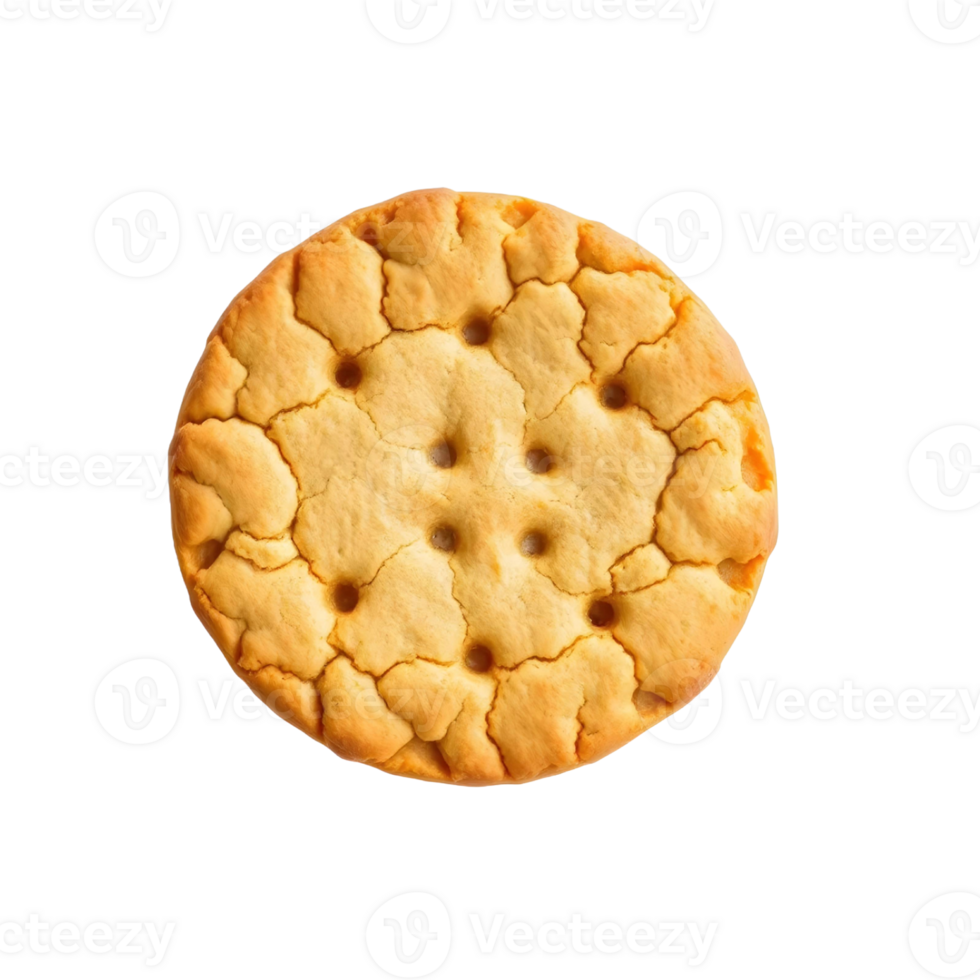 Golden brown round cracker with cracks and perforations isolated on transparent background png