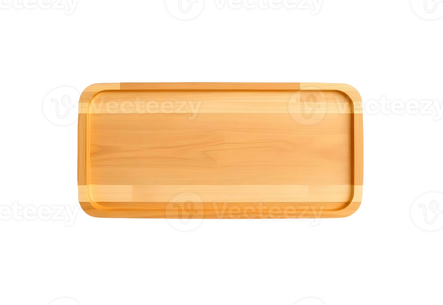 Rectangular wooden serving tray with rounded corners and a subtle rim isolated on transparent background png