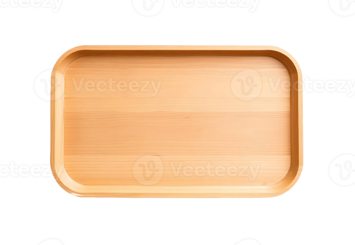 A smooth wooden serving tray with rounded corners and a natural grain pattern isolated on transparent background png