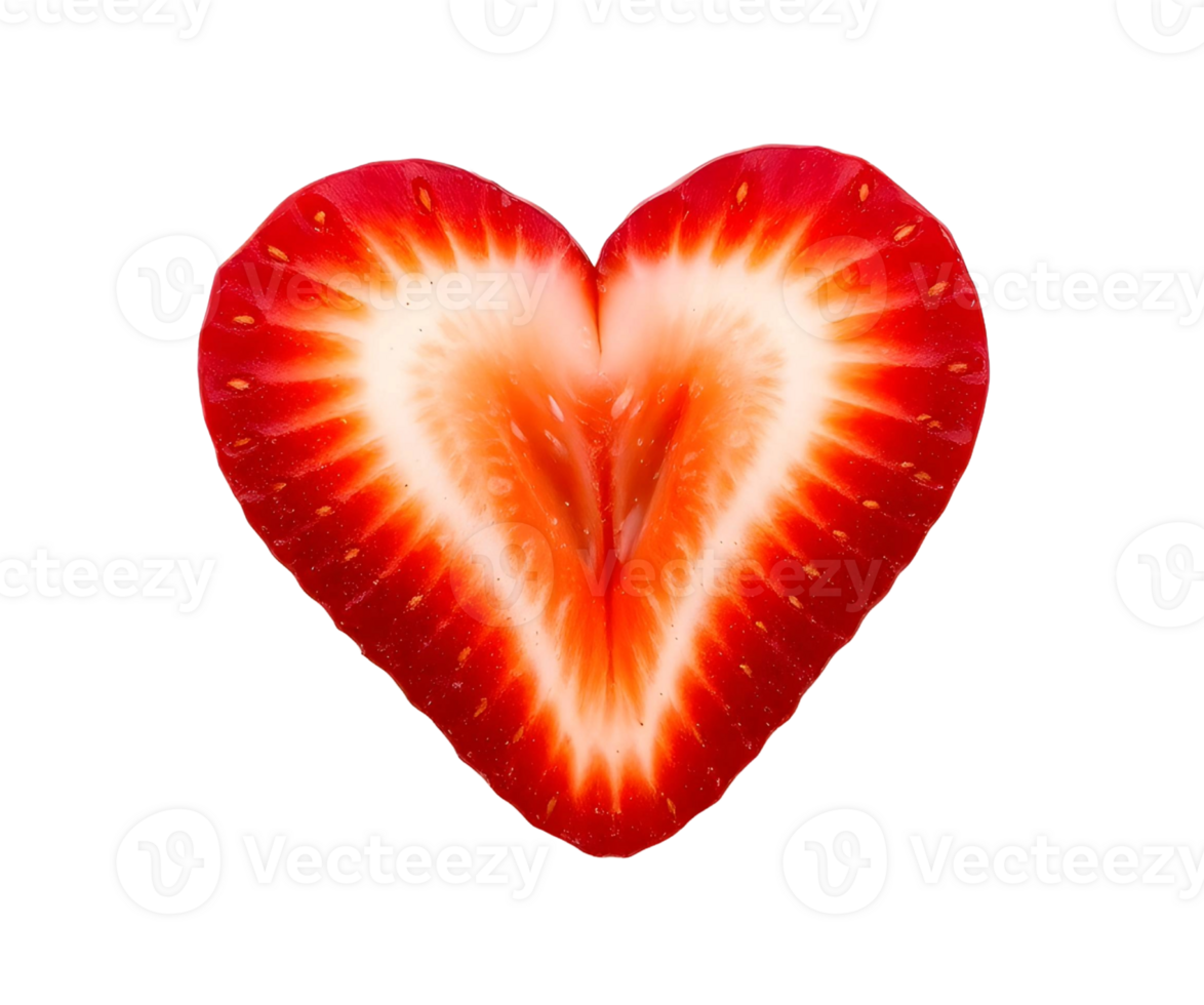 heart shaped strawberry slice showcasing its vibrant red flesh and tiny seeds png