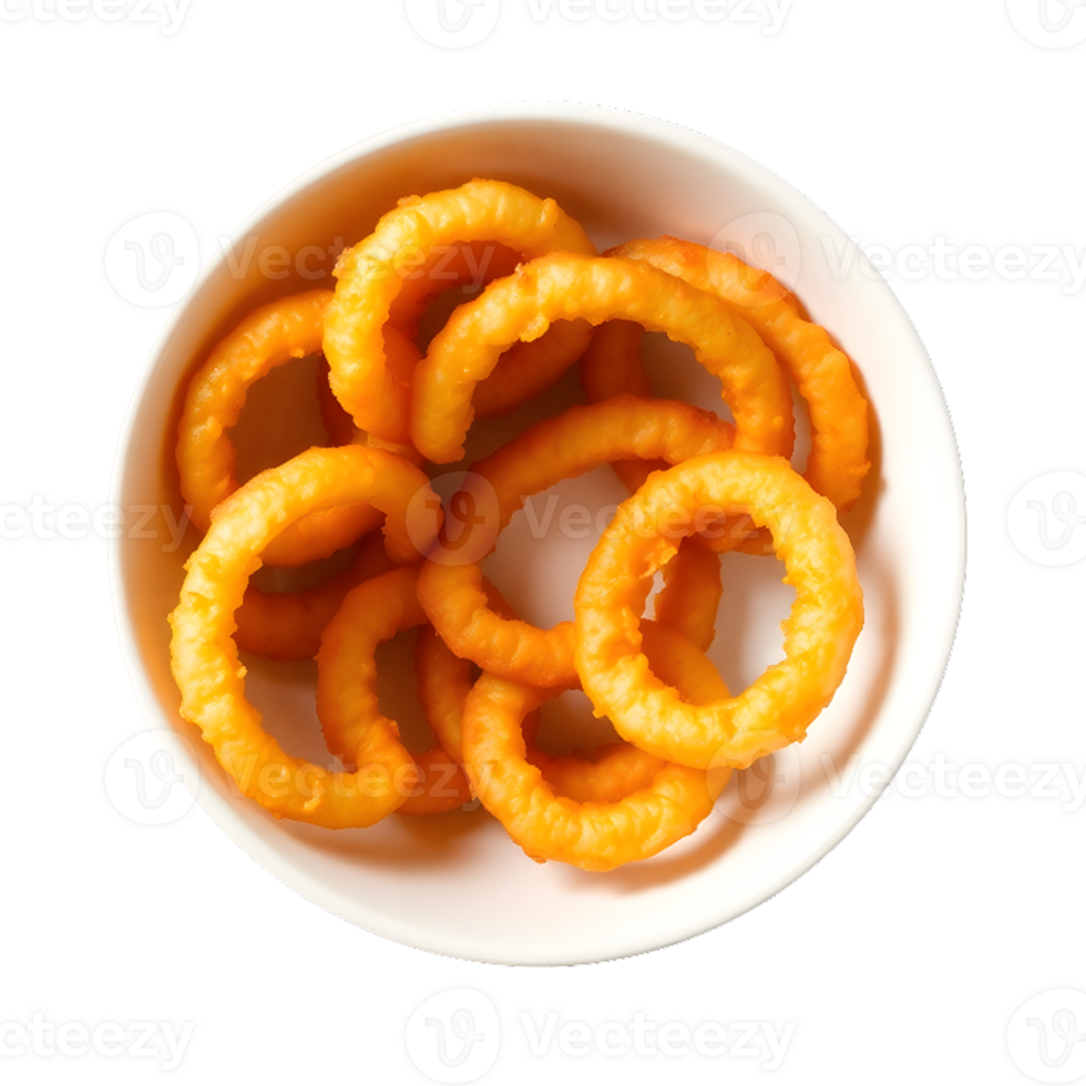 Crispy golden onion rings piled high in a white bowl png