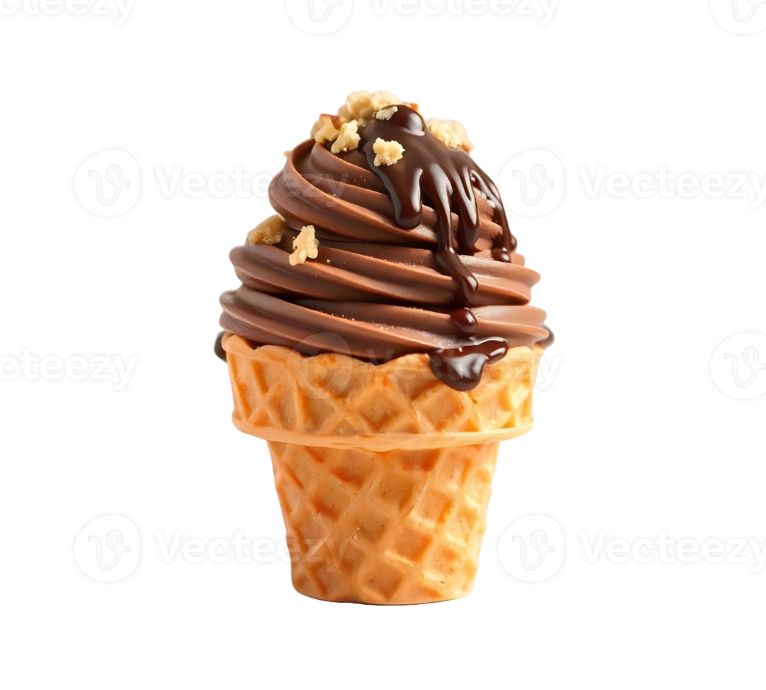 Delicious chocolate soft serve ice cream cone with chocolate syrup and nuts on transparent background png