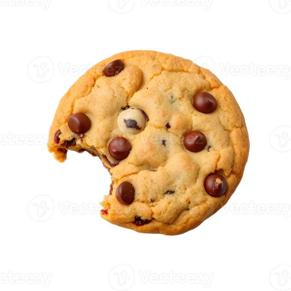 Deliciously bitten chocolate chip cookie with rich dark chocolate chunks on transparent background png