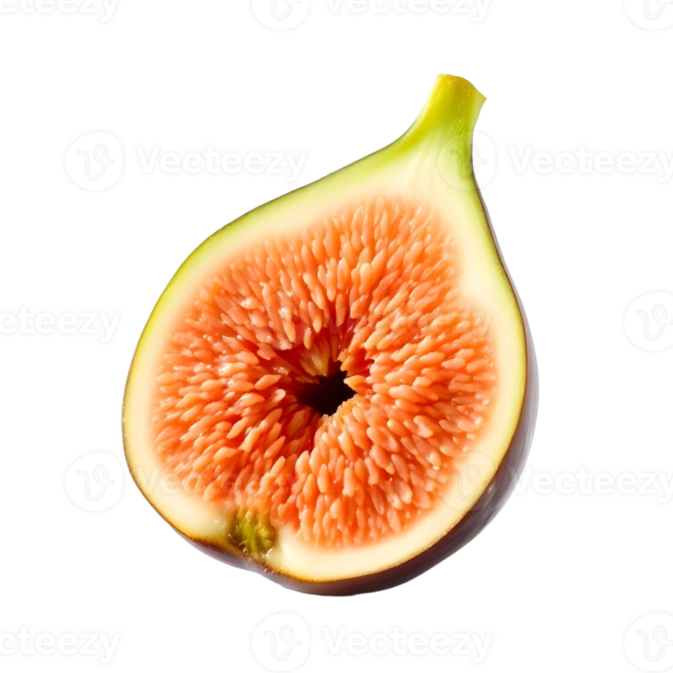 Close up of a ripe fig cut in half revealing its vibrant pink interior and seeds transparent background png