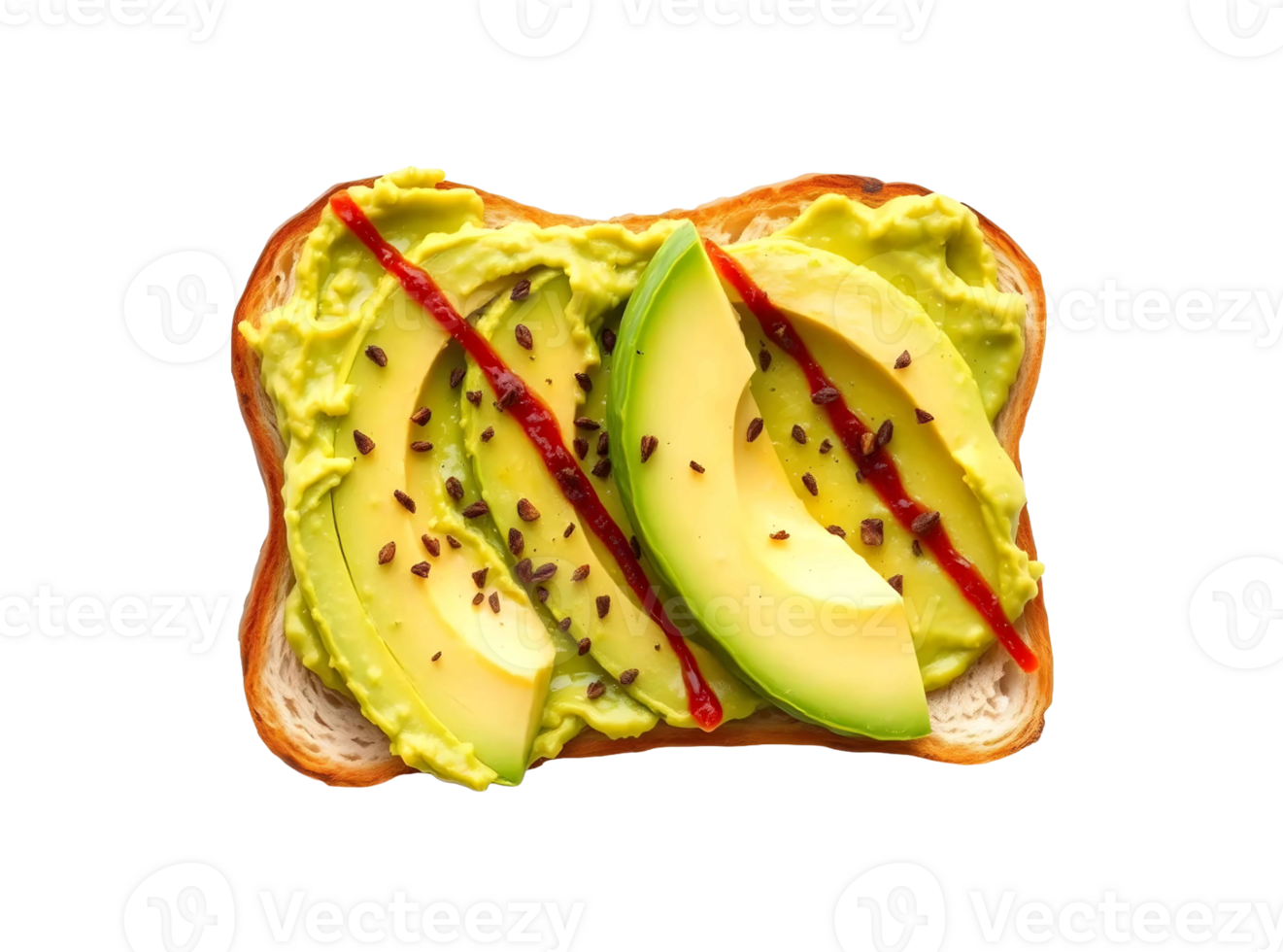 Delicious avocado toast topped with red sauce and seeds isolated on transparent background png