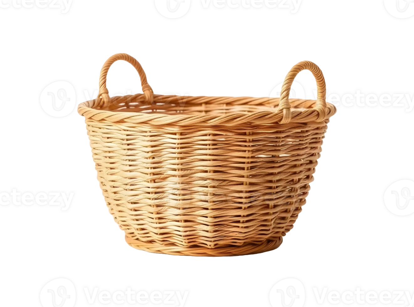 A classic woven wicker basket with two handles isolated on transparent background png