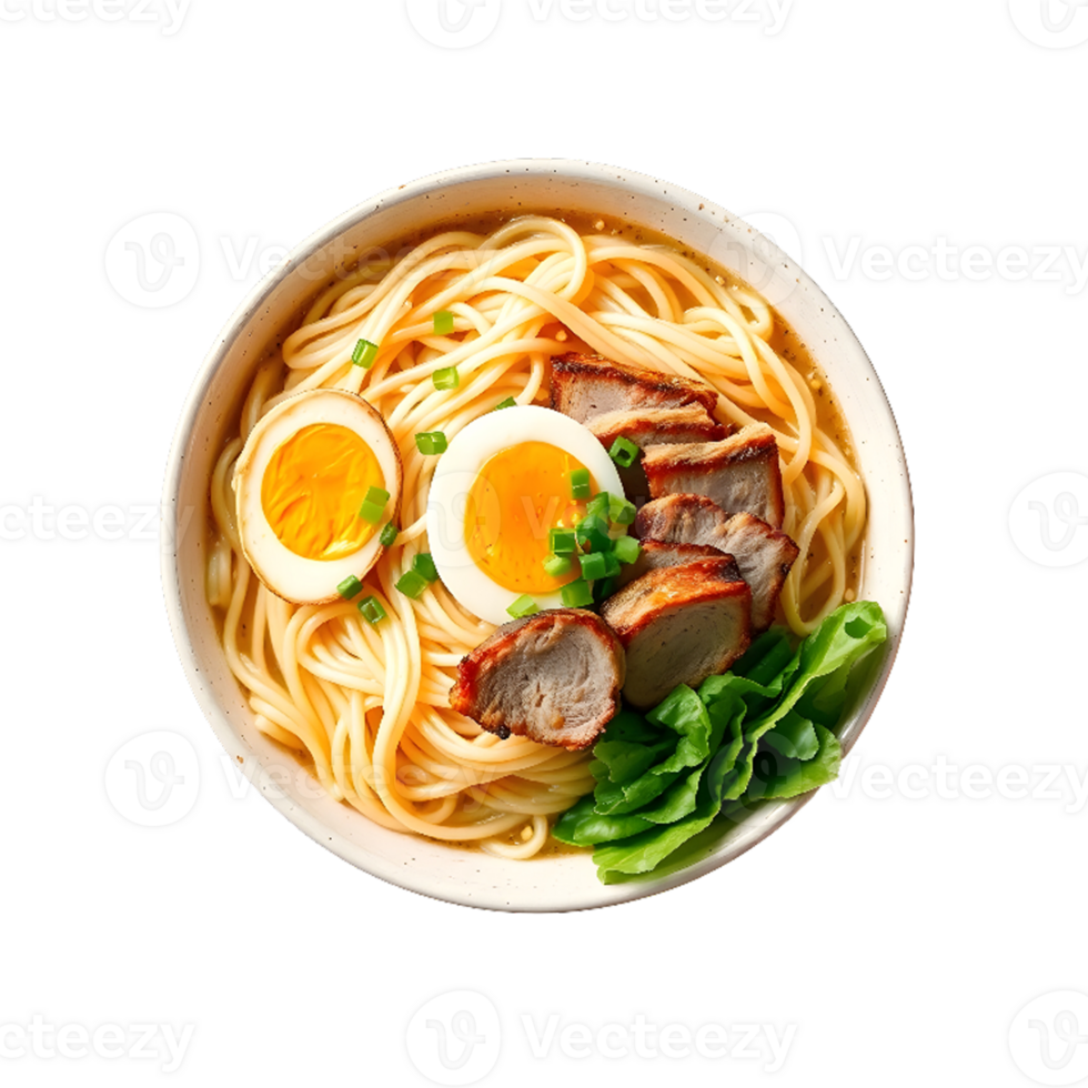Delicious bowl of ramen noodles with sliced pork and soft boiled egg isolated on transparent background png