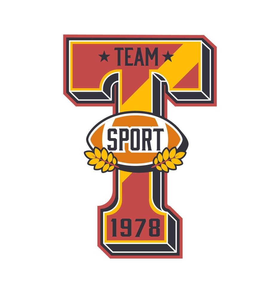 Varsity sport patch label with letter T badge vector