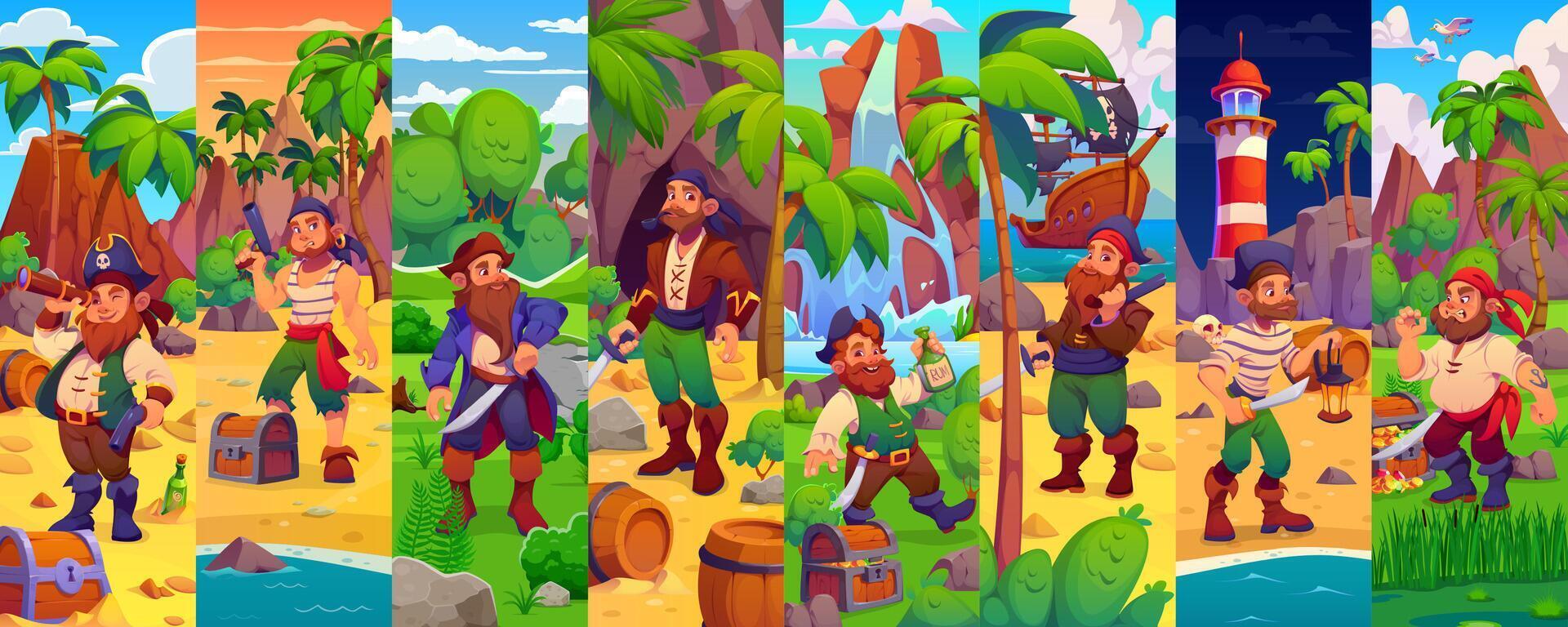 Pirate characters on a tropical island vector