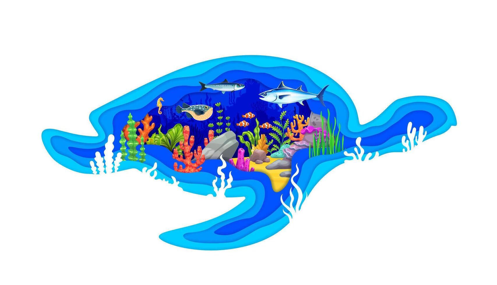 Paper cut color turtle silhouette, underwater landscape vector
