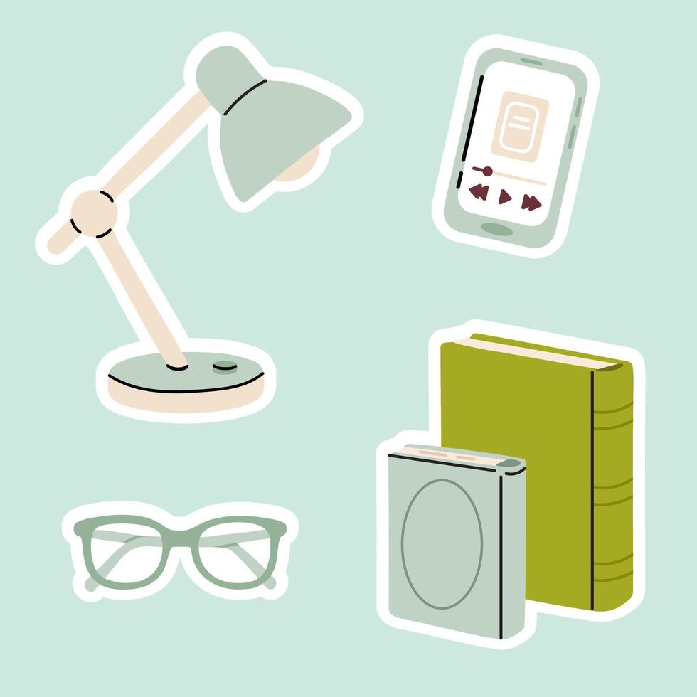 Set of reading-related objects lamp, books, glasses, e-reader. illustration for library, education, or bookworm projects. vector
