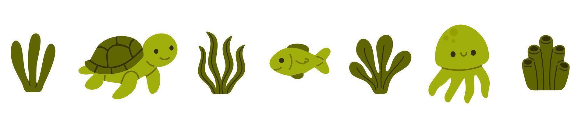 Nature-focused horizontal marine set with seaweed, turtle, fish, and jellyfish in earthy green tones for childrens content vector