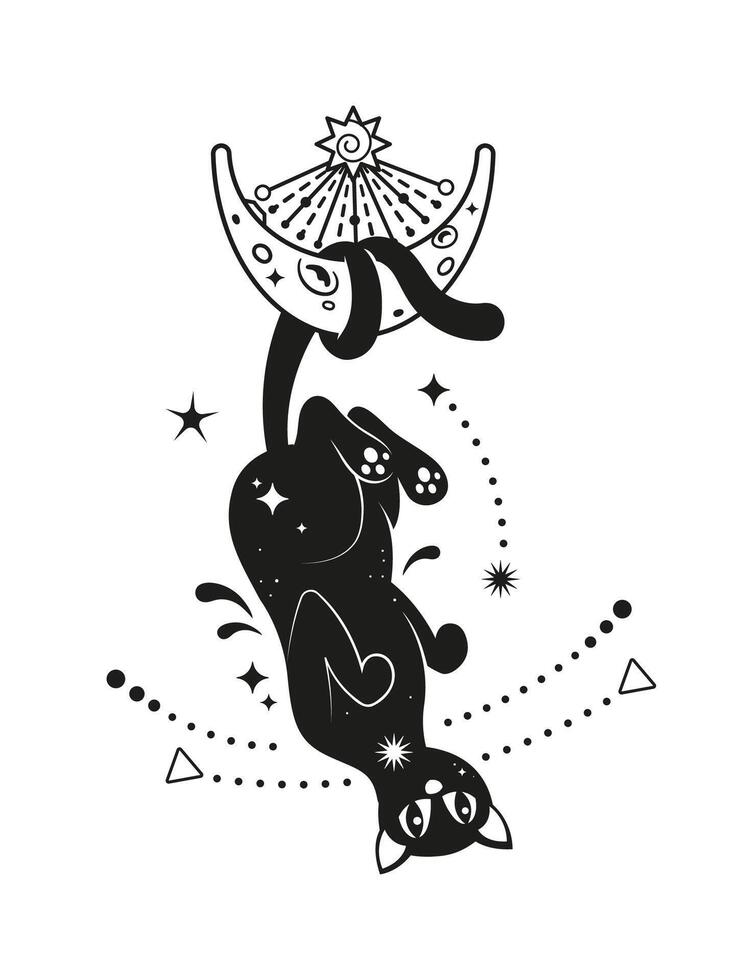 Black magic cat floating upside down with moon vector