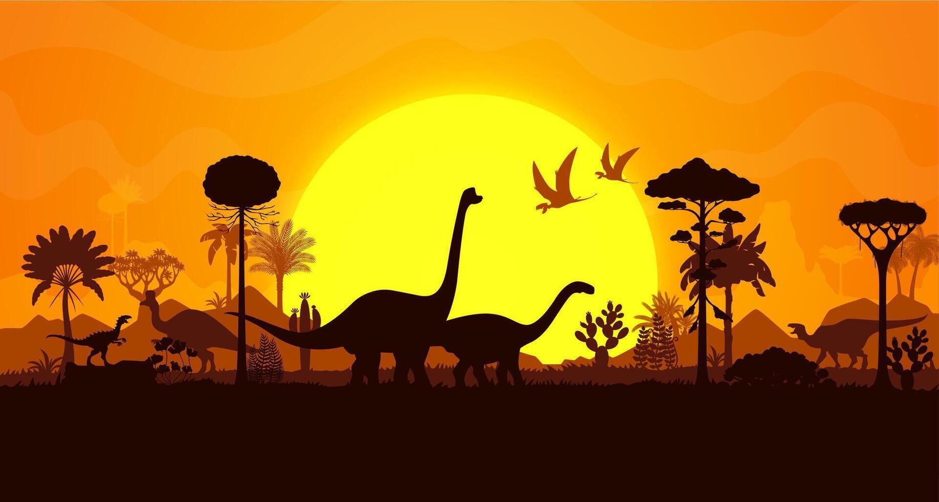 Prehistoric dinosaur silhouettes sunset landscape vector