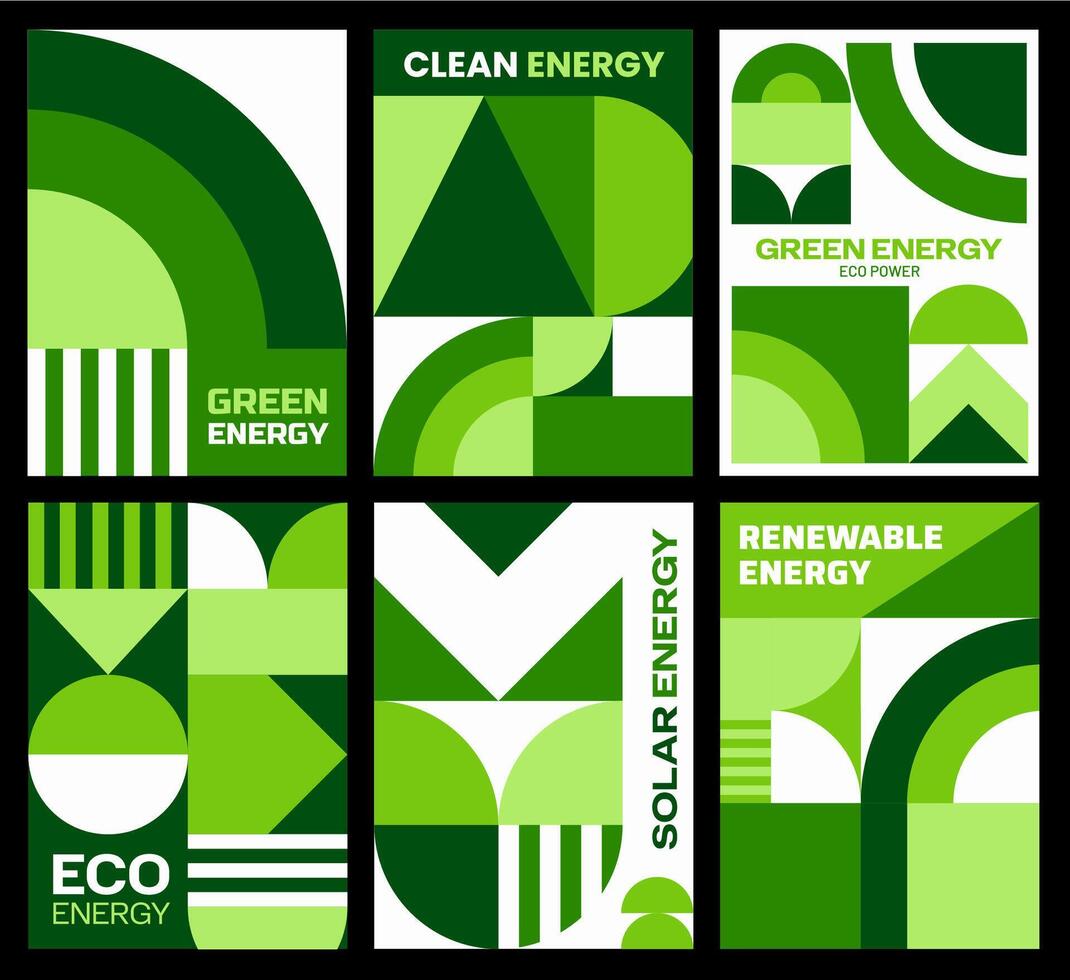 Clean green energy posters with geometric patterns vector
