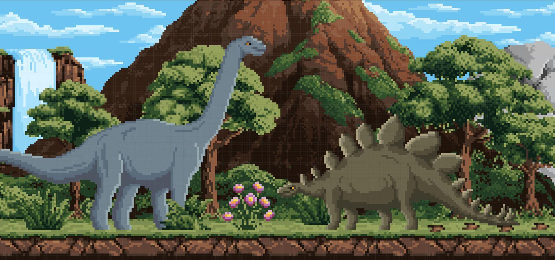 Dinosaurs in pixel art style vector