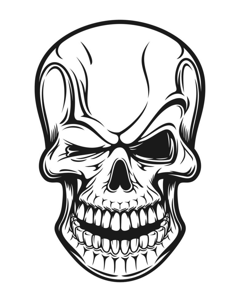 Smiling skull tattoo, creepy cranium head vector