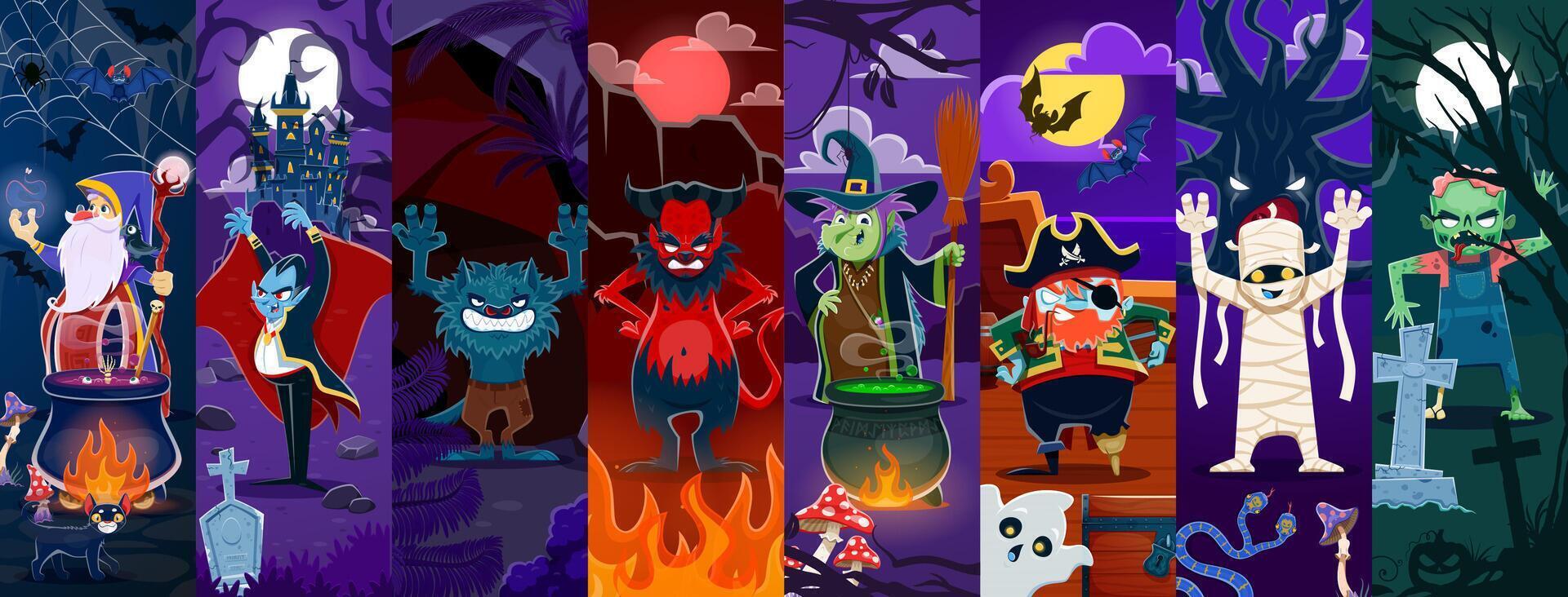 Cartoon Halloween characters in spooky settings vector