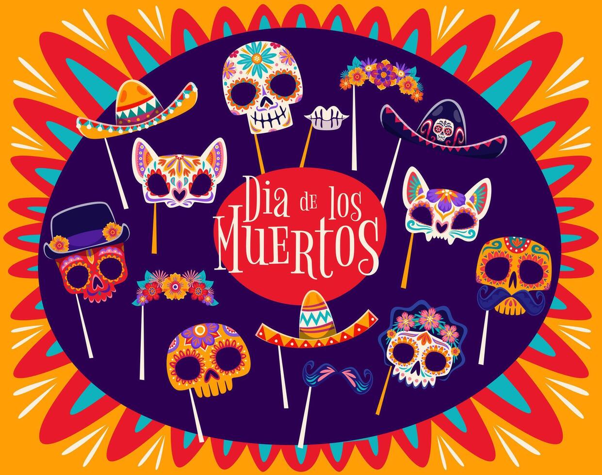 Colorful Día de los Muertos masks and skulls vector