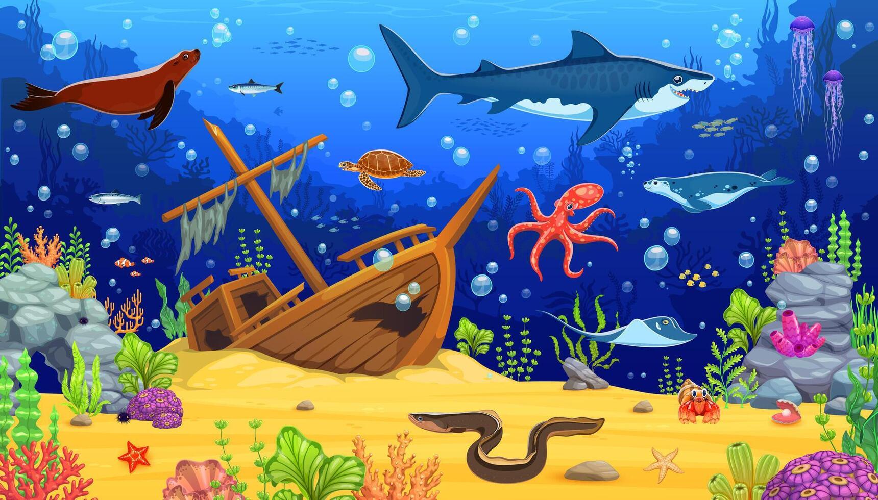 Underwater scene with marine animals and shipwreck vector