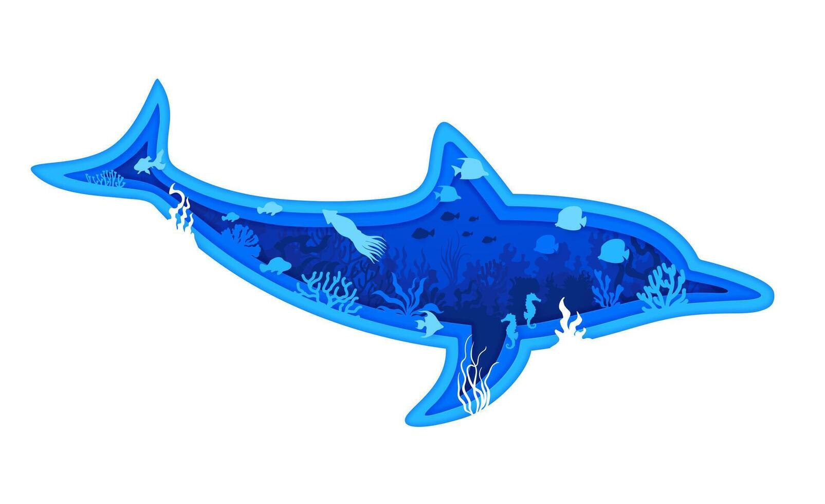 Paper cut dolphin silhouette with sea animals vector