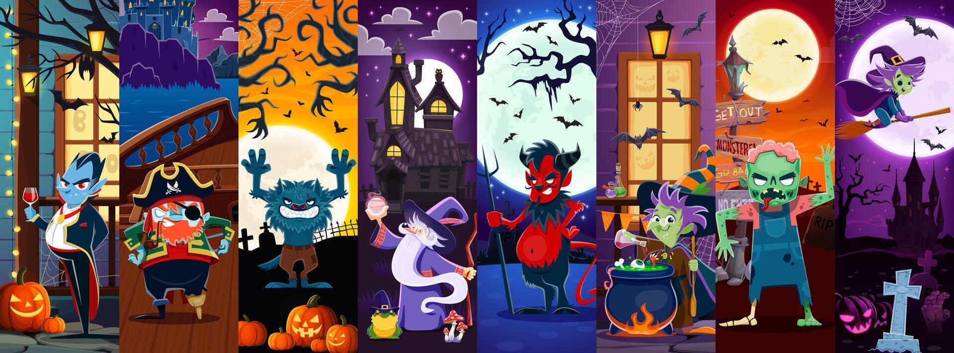Cartoon scary Halloween characters collage vector