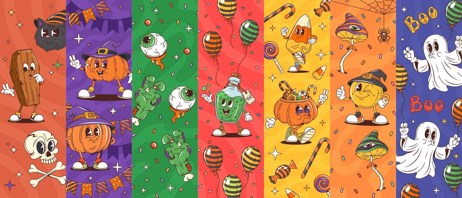 Cartoon groovy Halloween characters collage vector