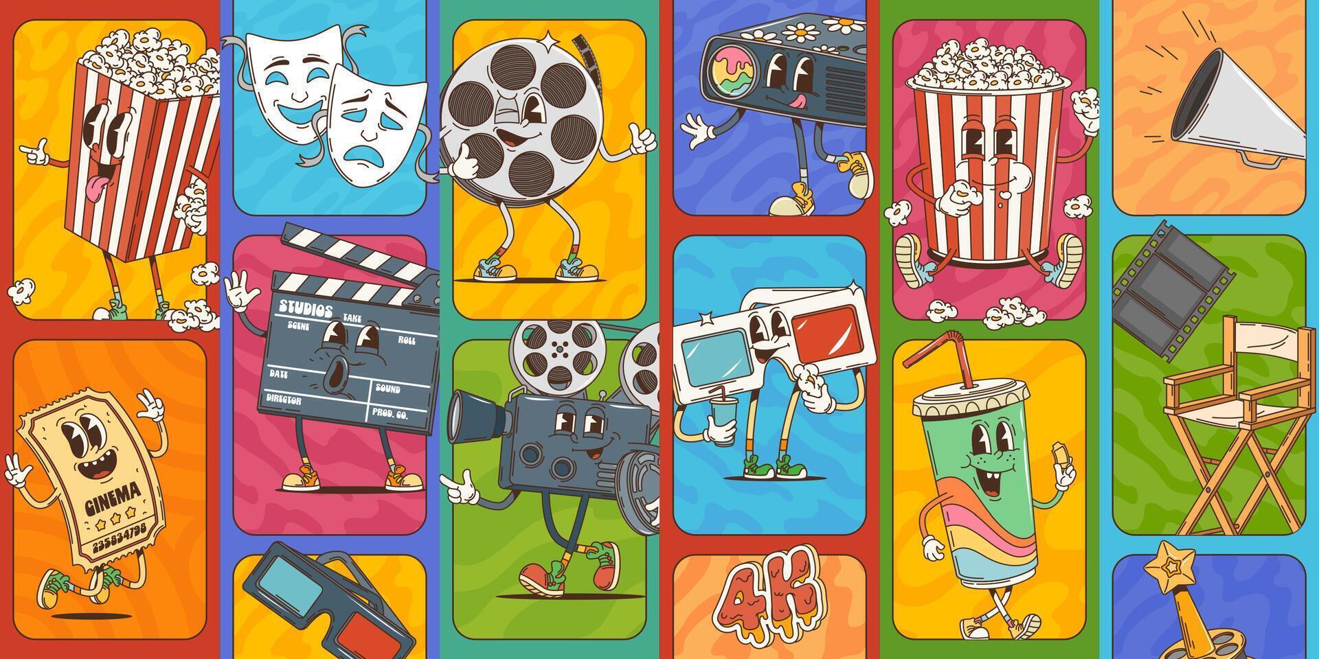 Cartoon groovy movie cinema characters collage vector
