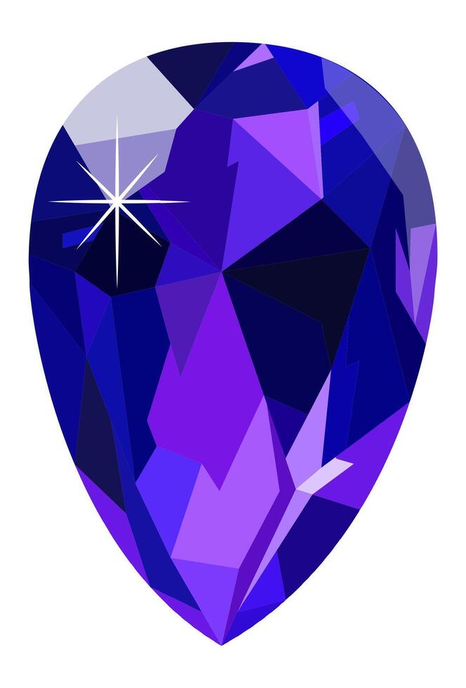 Large teardrop shaped purple gemstone shining brightly with starburst light reflection, isolated on white background, representing luxury, value, and elegance vector