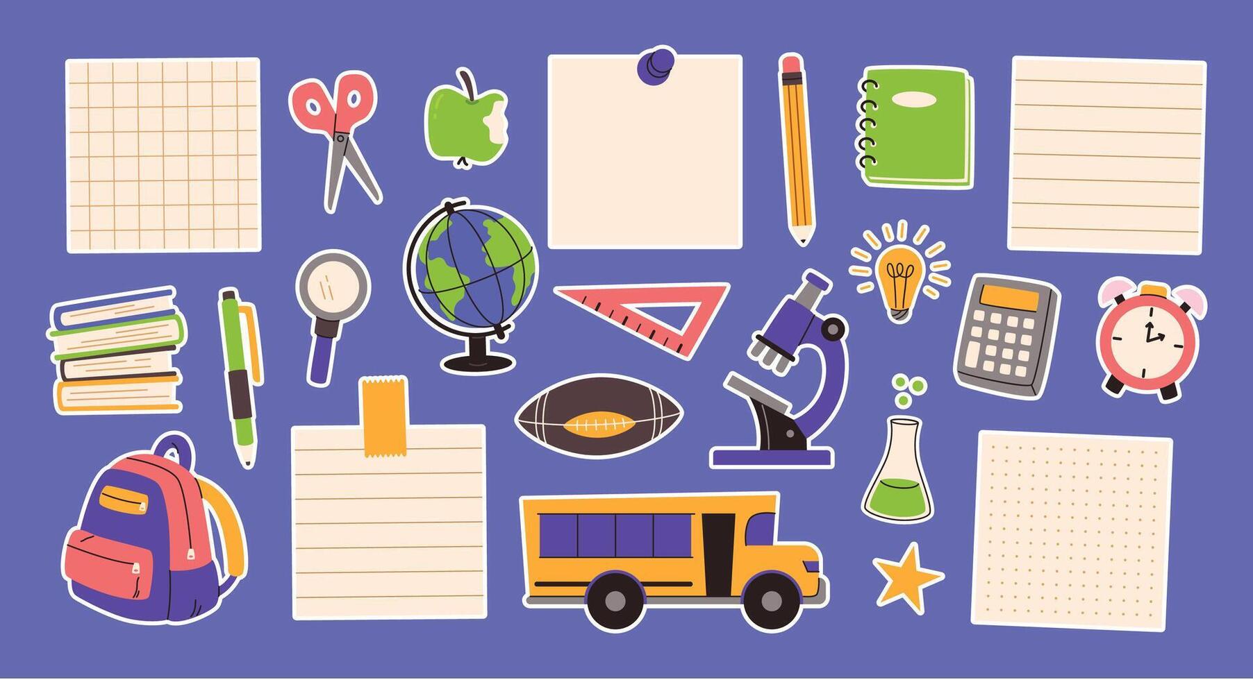 Colorful school supplies and stationery items vector