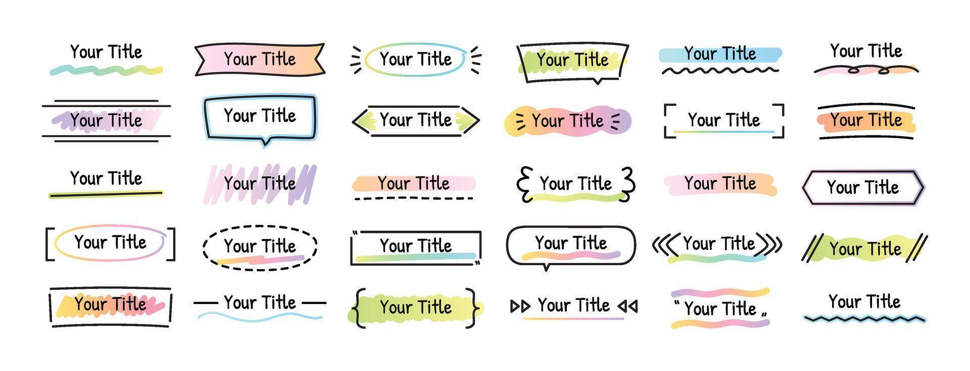 Doodle titles. Hand drawn title banner frames, creative decorative headers and headline elements. Framed and underlined titles for presentations, notes and classroom designs templates set vector