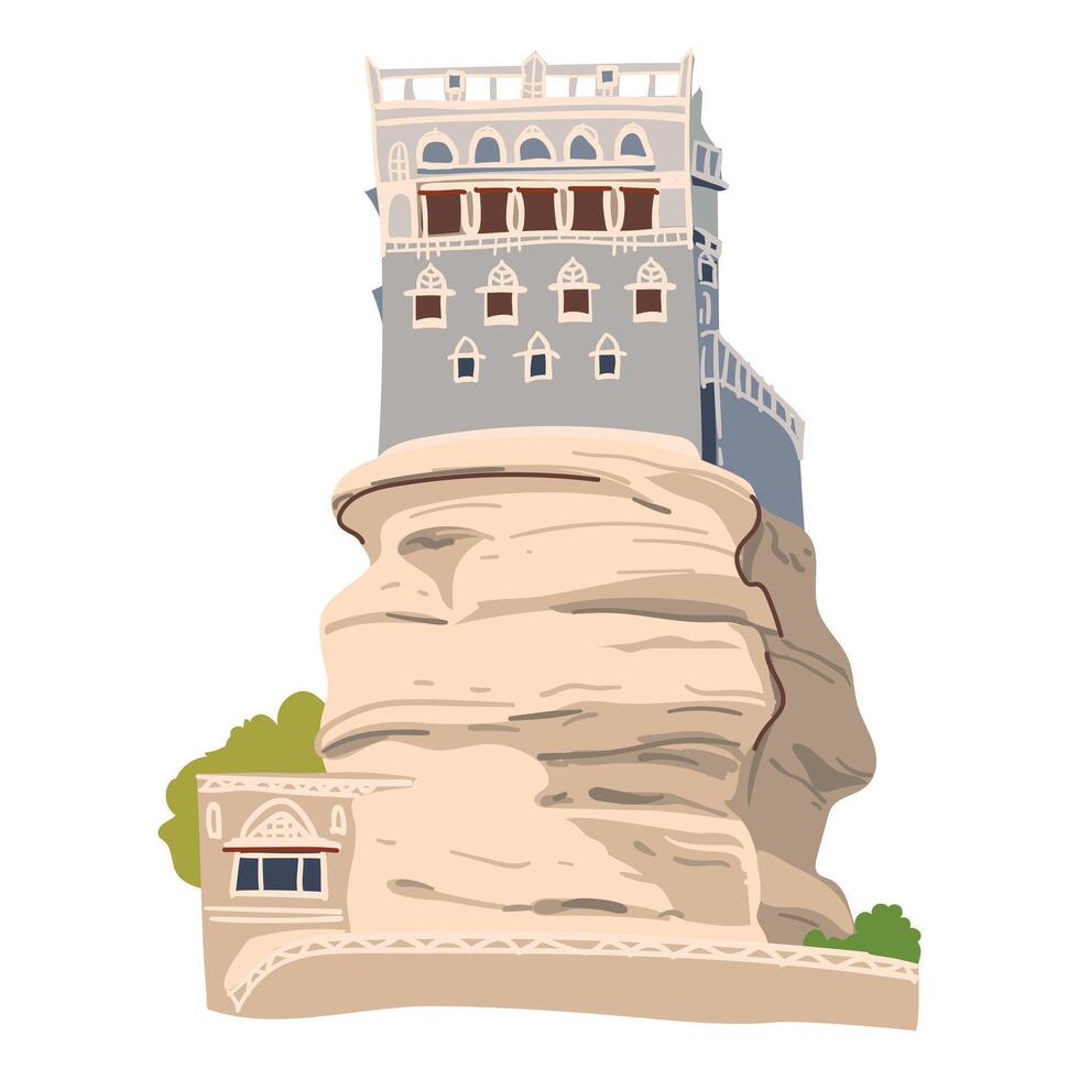 Palace on the Rock or Dar al-Hajar, the summer residence of the Imam. Museum on the cliff near Sana'a. Landmark of Yemen. house on the cliff in flat style. vector