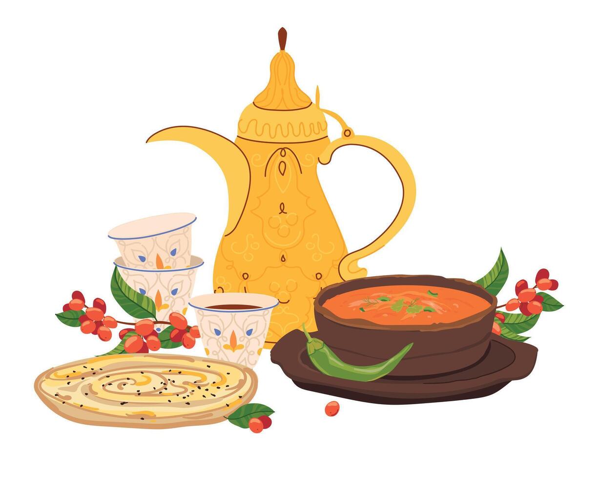 Arabic coffee pot Dallah, coffee branch and cups with ornament. Saltah in stone pot harada, Khubz mulawah flatbread. Traditional Yemeni lunch, symbol of Middle Eastern hospitality. flat style vector