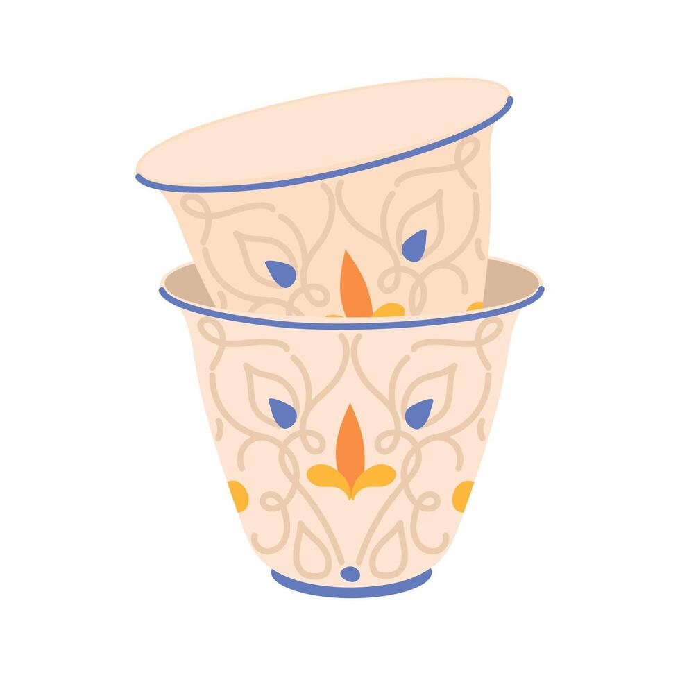 Ceramic Turkish cup with oriental ornament. Traditional glass for coffee in Arab countries. Coffee oriental ceremony symbol of hospitality. illustration in flat style. vector