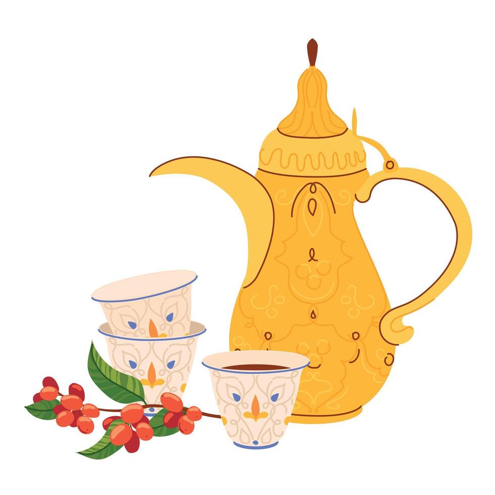 Traditional Arabic coffee pot Dallah, coffee branch and cups with ornament. Symbol of Middle Eastern hospitality. Antique copper pot common in Yemen, Oman, Qatar. illustration in flat style. vector
