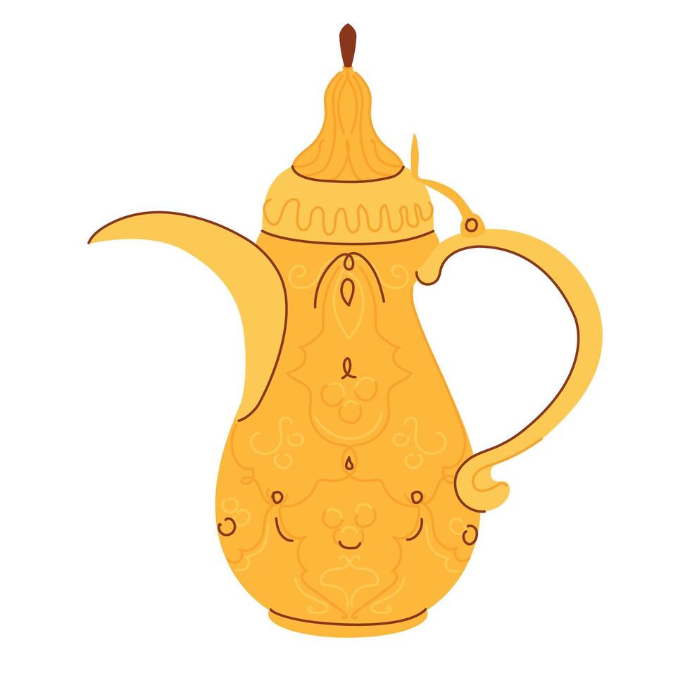 Traditional Arabic coffee pot Dallah. Antique copper pot common in Middle East, Yemen, Oman, Qatar. illustration for coffee shop in flat style. vector