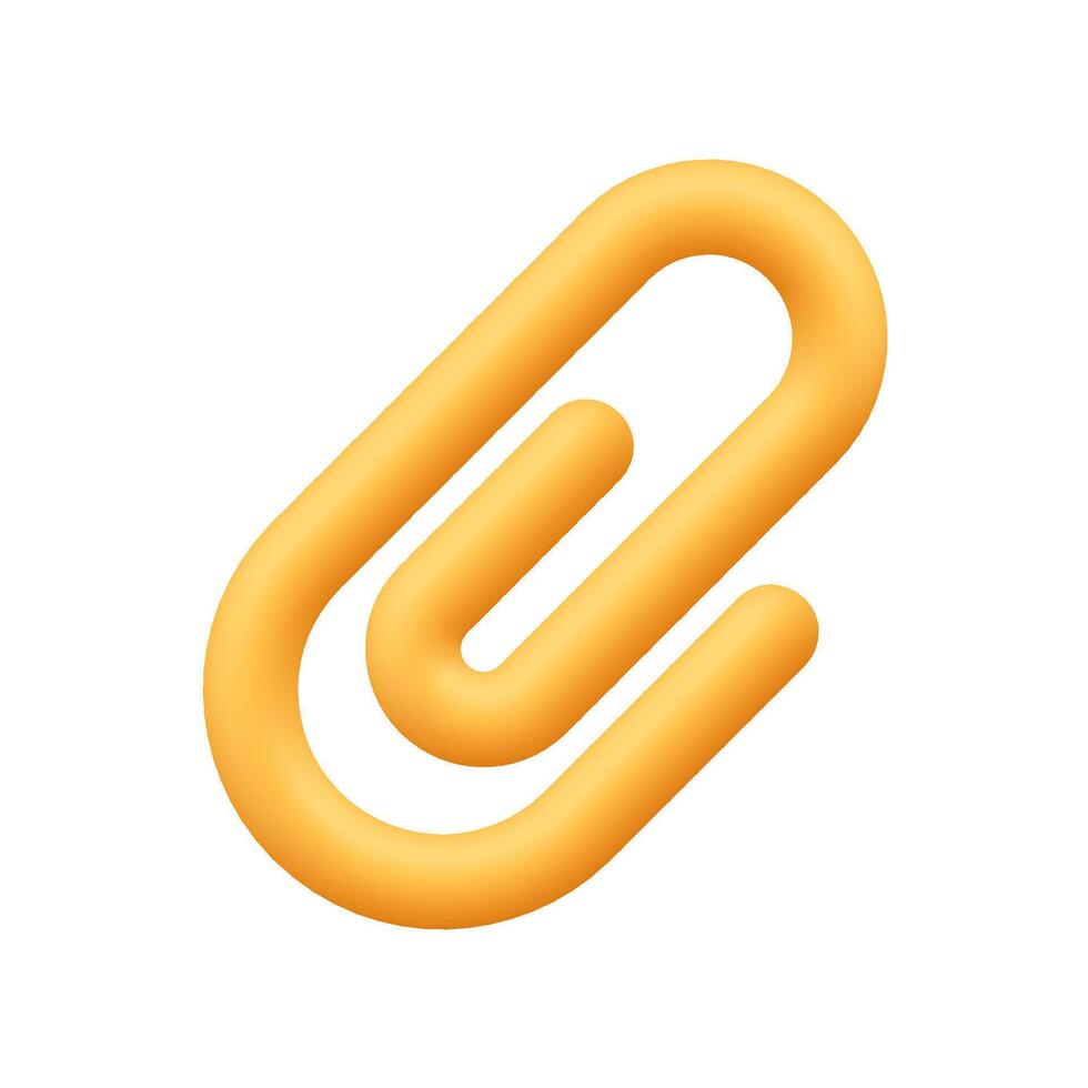 Yellow paper clip. Attachment, documents, office supplies, organization and file management concept. 3d icon. Cartoon minimal style. vector