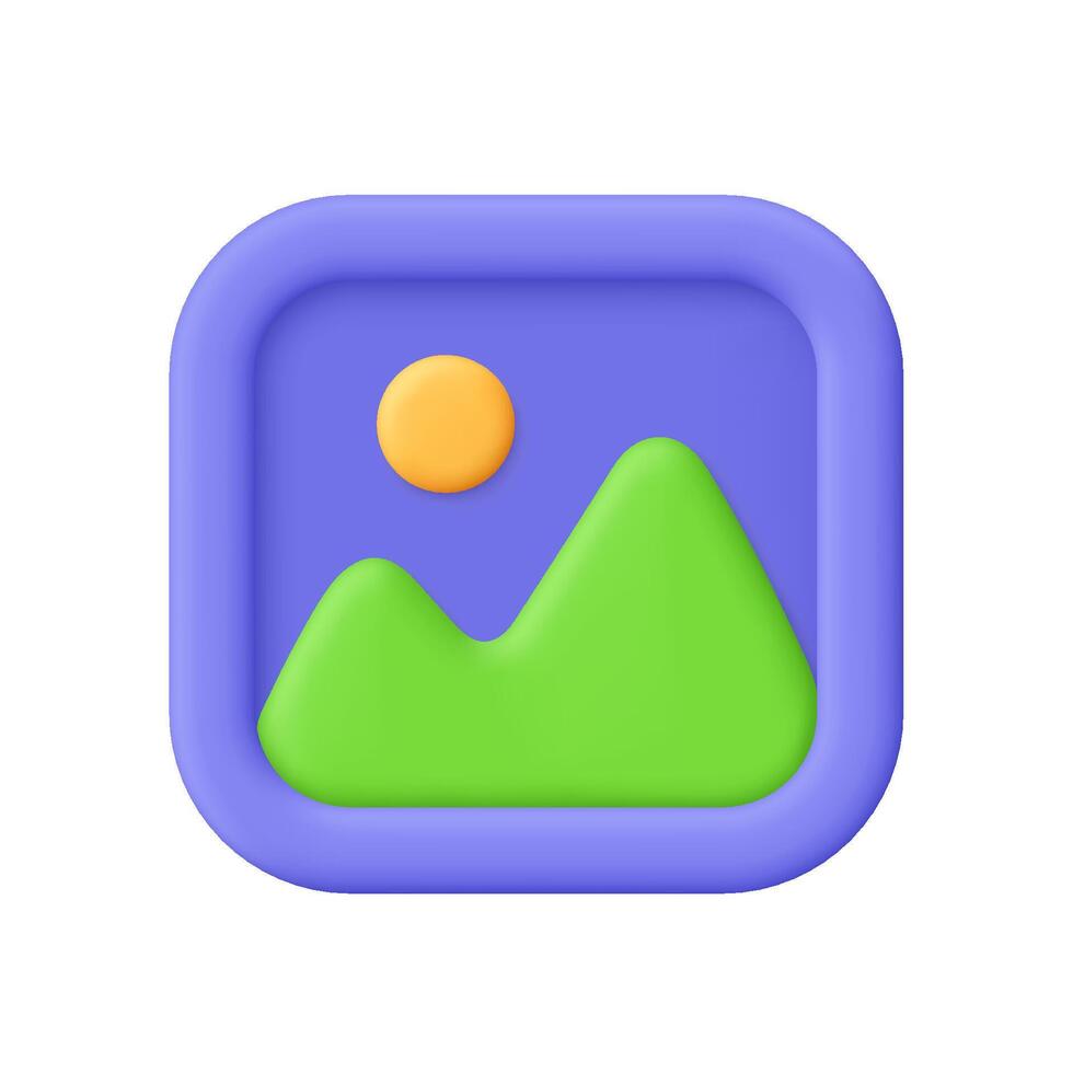 Image symbol. Photo or jpg gallery file. Mountains and sun landscape. 3d icon. Cartoon minimal style. vector